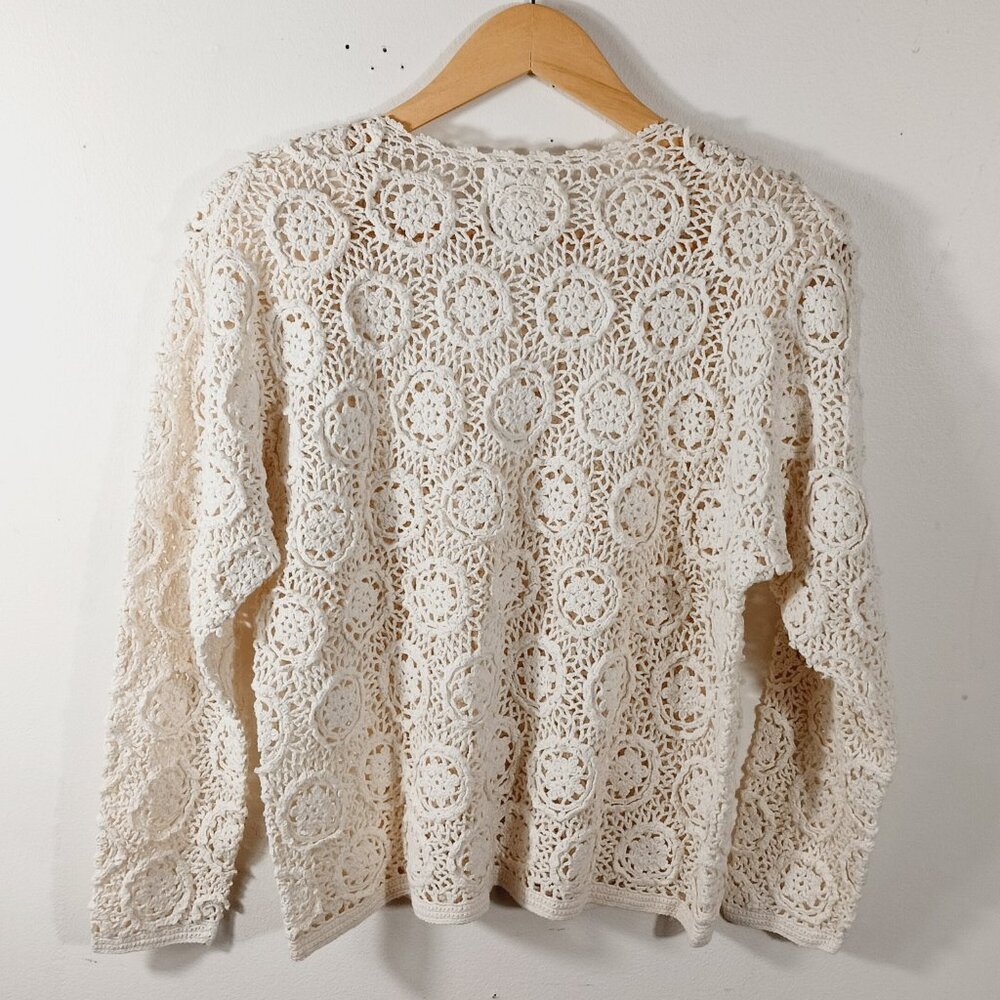 MODA INT'L Crochet Open Knit Cardigan, Cream, Size Medium, Cottagecore, Boho - Picture 6 of 16